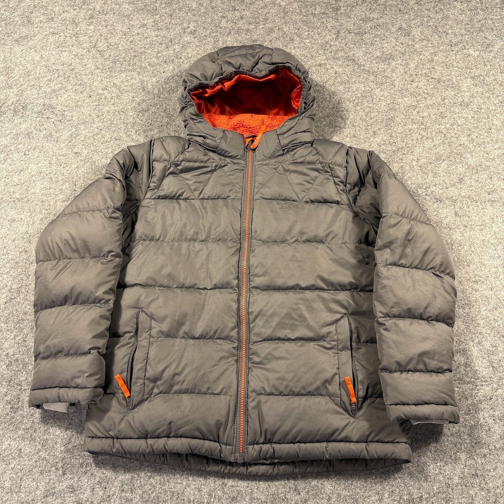 LL Bean Down Puffer Jacket Kids 14-16‎ Gray Hooded Fleece Lined Winter Coat